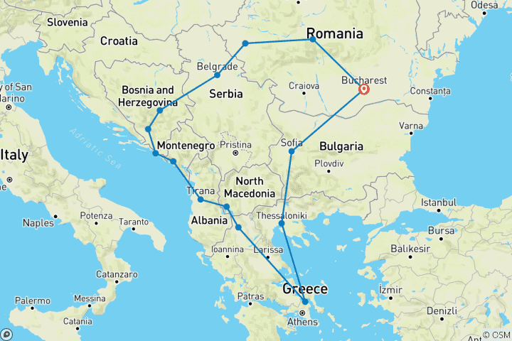 Kaart van Grote Balkan rondreis Boekarest naar Boekarest Kleine Groepsreis