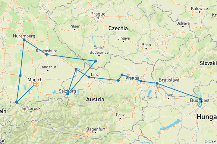 Carte du circuit Les joyaux du Danube et le meilleur de la Bavière 2026|2027 - 12 jours (from Budapest to Munich)