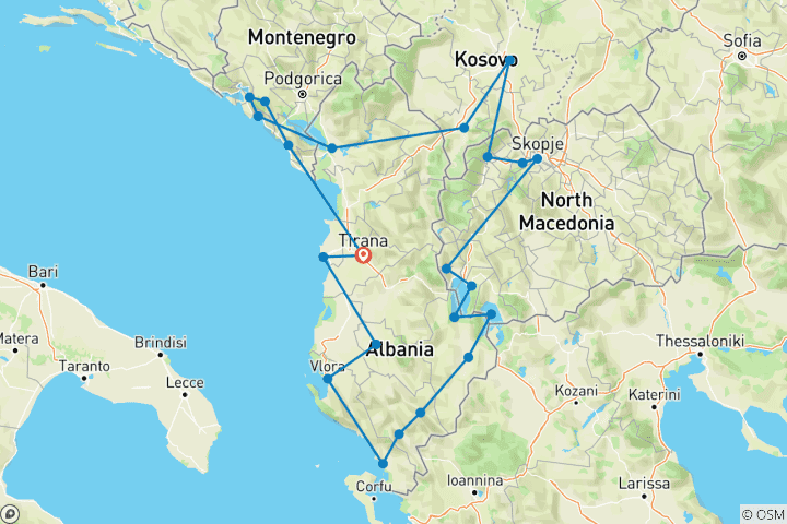 Carte du circuit 2026 Tour des Balkans : 12 jours dans les montagnes, les lacs et les côtes