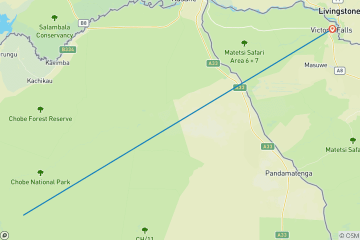 Kaart van Chobe National Park Safari + Victoria Watervallen Combo 4 Dagen / 3 Nachten