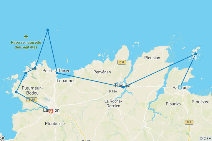 Mapa de Senderismo en Bretaña: De la costa de granito rosa a la costa de Goëlo (10 días)