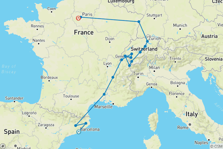 Carte du circuit Barcelone - Zurich avec Paris IND