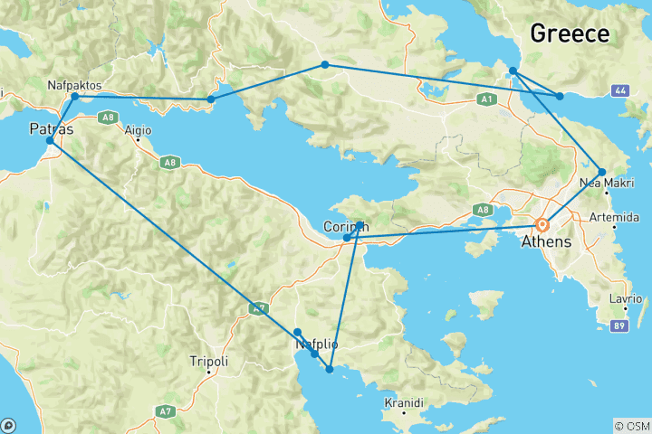 Carte du circuit Grèce centrale : circuit de 9 jours hors des sentiers battus au départ d'Athènes. Explorez d'incroyables destinations grecques moins connues. Découvrez l'histoire, la nature, l'architecture, la culture et la gastronomie.