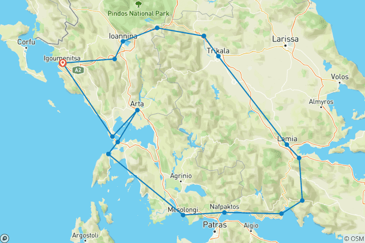 Carte du circuit Circuit de 10 jours hors des sentiers battus au départ d'Igoumenitsa. Explorez des destinations grecques étonnantes et moins connues. Profitez de la beauté, de la nature, de l'histoire, de l'architecture, de la culture et de la gastronomie.