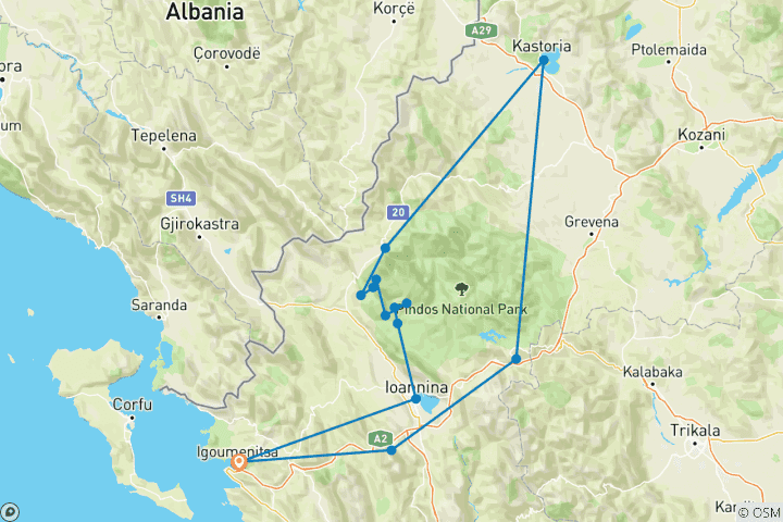 Mapa de Grecia Zagori recorrido ampliado de 14 días. Pueblos de piedra de montaña de la UNESCO y antiguos puentes de piedra. Excursión circular desde Igoumenitsa por la historia, la gastronomía y la naturaleza.
