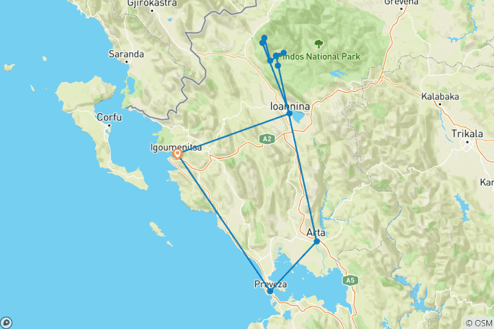 Mapa de Grecia: circuito de 15 días desde Igoumenitsa. Zagori, Ioánnina, Arta, Preveza y Nicópolis. Lugares declarados Patrimonio de la Humanidad por la UNESCO, encantadores pueblos de montaña, antiguos puentes de piedra y vastos yacimientos arqueológicos. …