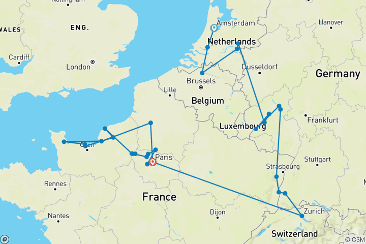 Map of Europe's Heartland 2027 - 25 Days (from Amsterdam to Paris)