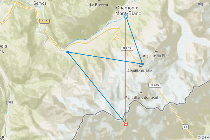 Mapa de Lo más destacado del senderismo por el Mont Blanc (from Chamonix to Mont Blanc)