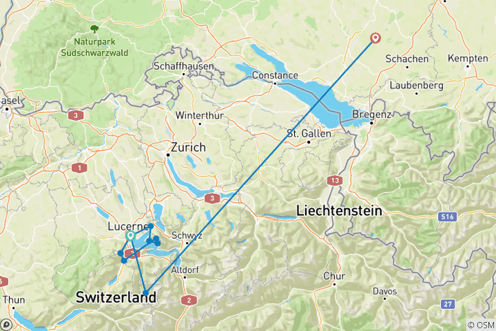 Carte du circuit Voyage à Lucerne et au lac des Quatre-Cantons depuis la frontière suisse