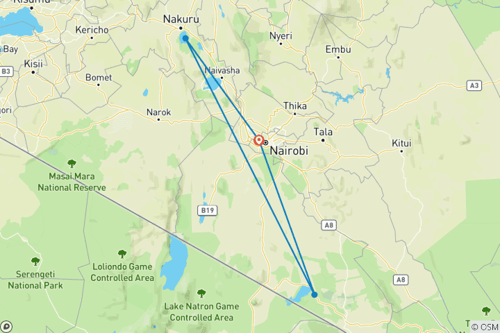 Kaart van 6 Dagen 5 Nachten Maasai Mara, Lake Nakuru & Amboseli Groepsreizen