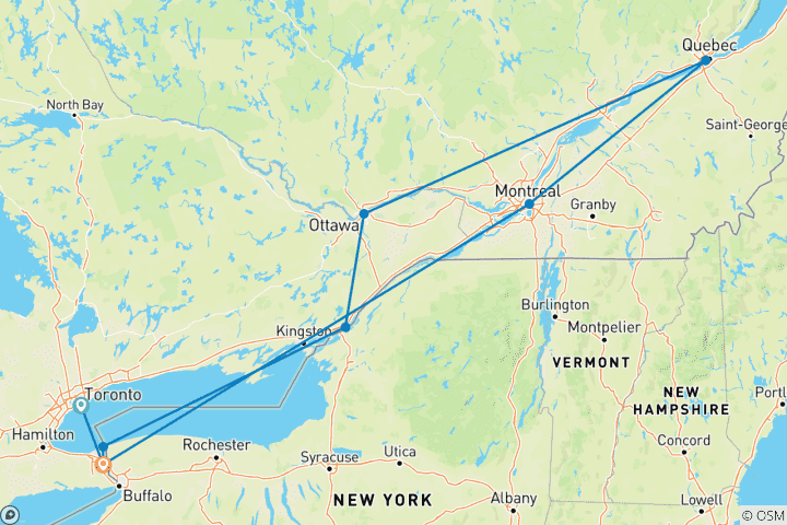 Mapa de Lo mejor de las ciudades del este de Canadá: Cataratas del Niágara, Ottawa, Ciudad de Quebec y Montreal (Toronto, ON a Montreal, QC) (2027)