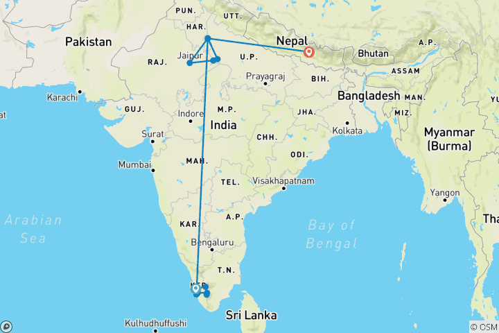 Kaart van Routes van India met Nepal door G Experiences