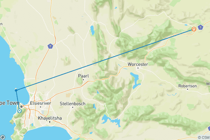 Karte von 3-Tage;Kapstadt Privat Tour, Tafelberg Autofahrt und Robben Island Ausflug,Kapstadt - Übernachtung Inverdoorn Safari Game Reserve