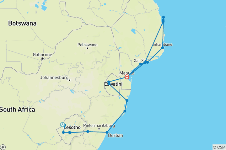 Kaart van Zulu Trail - Lesotho, Zuid-Afrika, Eswatini, Mozambique