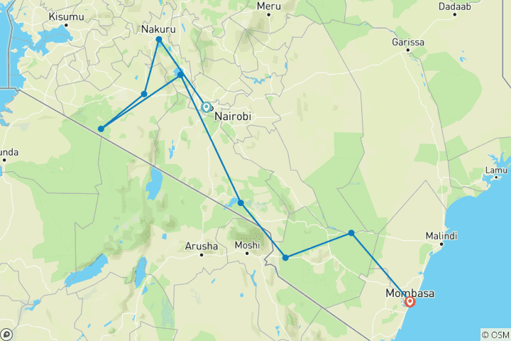 Karte von Von der Masai Mara an den Indischen Ozean (9 Destinationen)