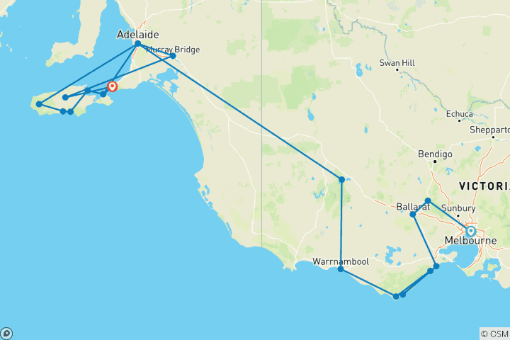 Carte du circuit Aventure de Melbourne à l'île Kangourou (from Melbourne to Cap Jervis)
