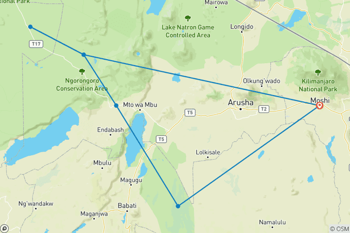 Carte du circuit Safari de 7 jours en milieu de gamme Serengeti Wildebeest Mara River Crossing