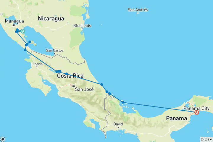 Map of Cycle Nicaragua, Costa Rica & Panama