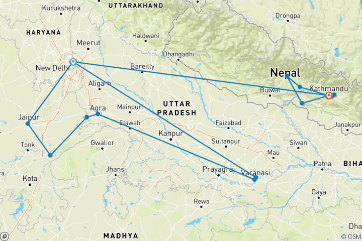 Kaart van India en Nepal luxe reizen van G Experiences