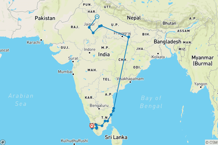 Kaart van Luxe Noord- en Zuid-India reizen van G Experiences
