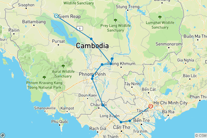 Kaart van Tempelontdekking en Meandering langs de Mekong Cruise