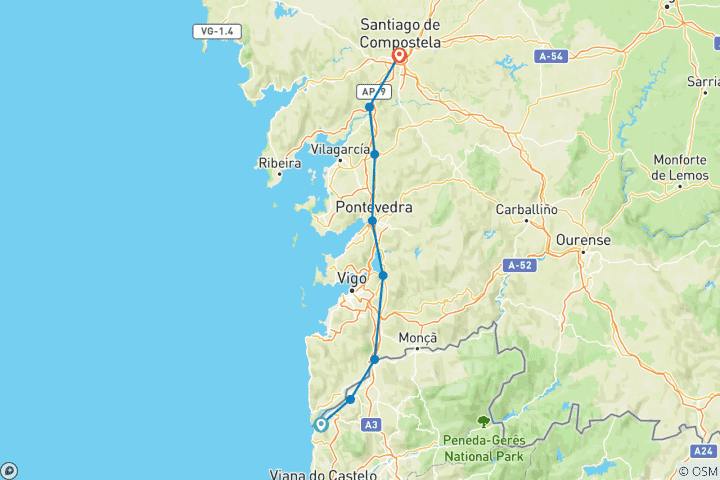 Karte von Pilgerweg Camino de Santiago - der portugiesische Weg (9 Tage)