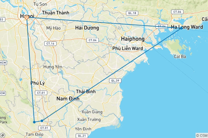 Mapa de Descubrimiento del Norte de Vietnam en 5 días: Crucero por Hanói, Ninh Binh y la Bahía de Ha Long