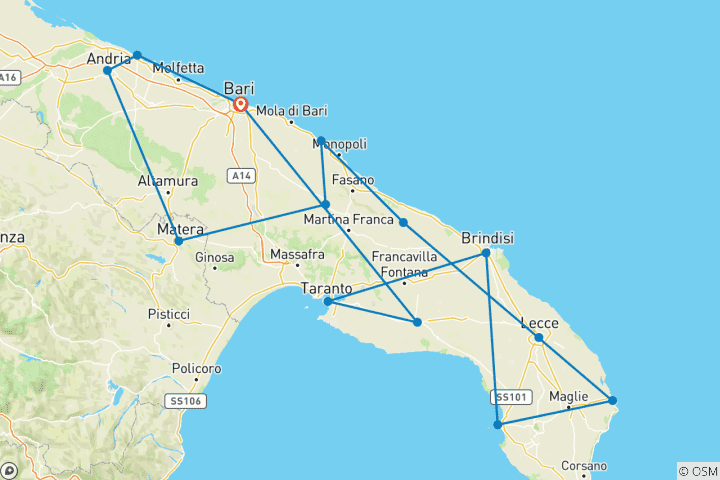 Karte von Apulien und Matera Tour 10 Tage ab Bari in kleiner Gruppe