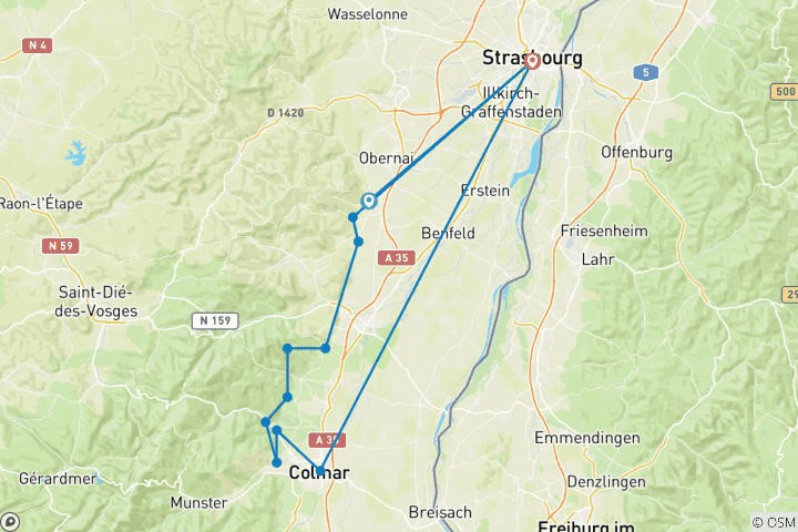 Mapa de La ruta del vino de Alsacia: bodegas, pueblos y castillos (8 días)