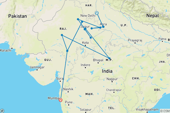 Kaart van Gouden Driehoek, Rajasthan & Mumbai (3 sterren) - 14 dagen