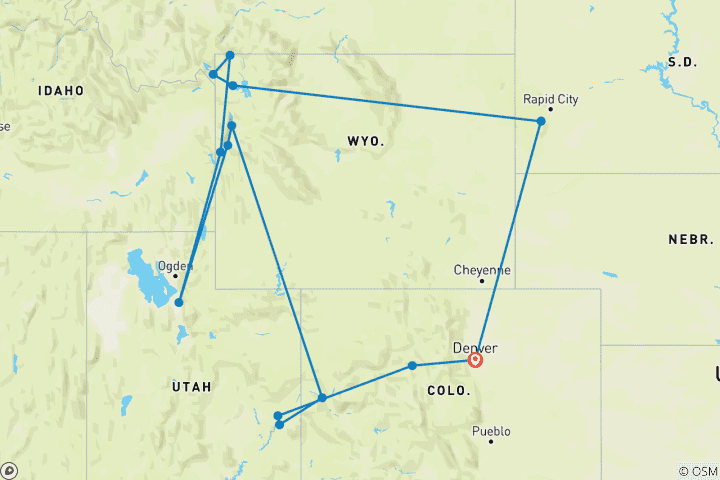 Mapa de Excursión de 7 días a Denver, Caballo Loco, Monte Rushmore, Parque Nacional de Yellowstone, Parque Nacional de Grand Teton y Salt Lake City (Bilingüe: inglés+chino)