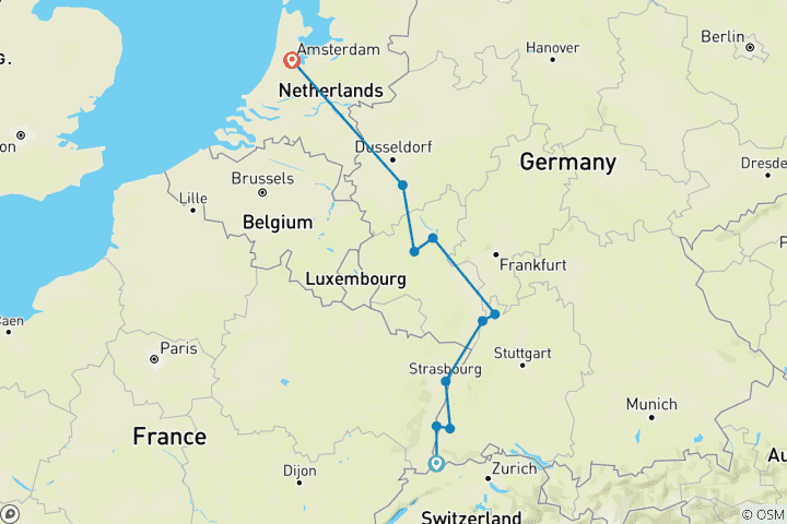 Mapa de Los mágicos ríos Rin y Mosela (de Zúrich a Ámsterdam)