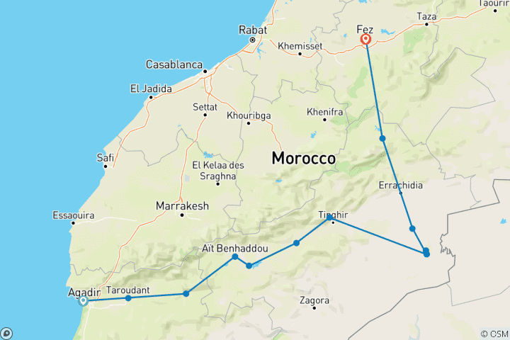 Karte von 4 Tage private Wüsten von Agadir nach Füber Aït BenHaddou, Erg Chebbi,