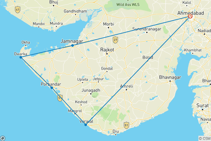 Mapa de Gujarat Divino - Dwarka, Somnath y Porbandar (4 Días / 3 Noches)