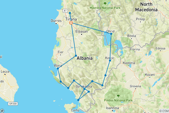 Carte du circuit Circuit en groupe "Montagnes, lacs et mer" - Ohrid et Albanie du Sud