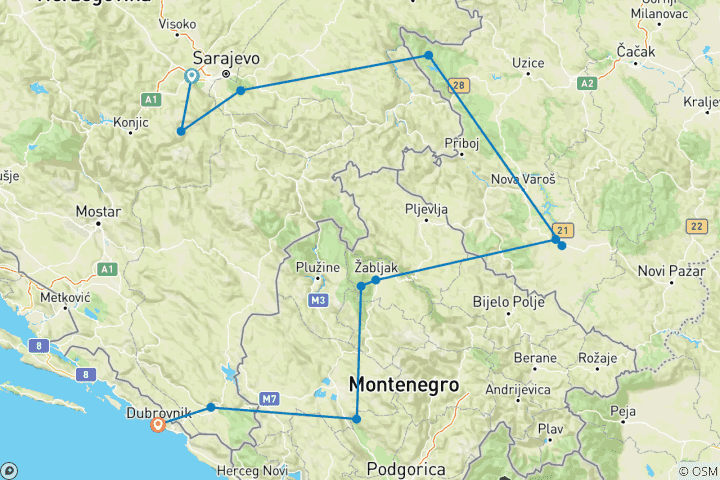 Mapa de Caminando por los Balcanes - Bosnia, Serbia y Montenegro
