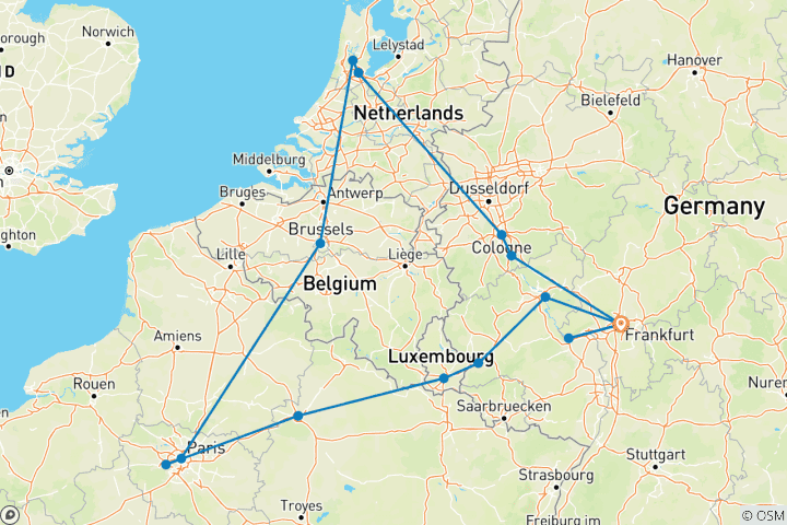 Mapa de Viaje de 7 días a París, Ámsterdam, Bruselas y otros lugares de Europa Occidental.