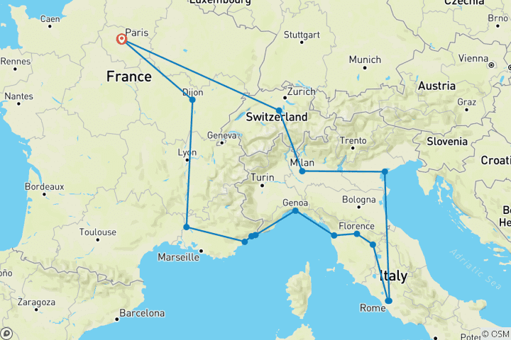 Carte du circuit Circuit de 7 jours en Italie, France et Suisse au départ de Paris