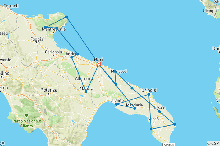 Kaart van 12-daagse Puglia & Matera tour vertrek elke vrijdag