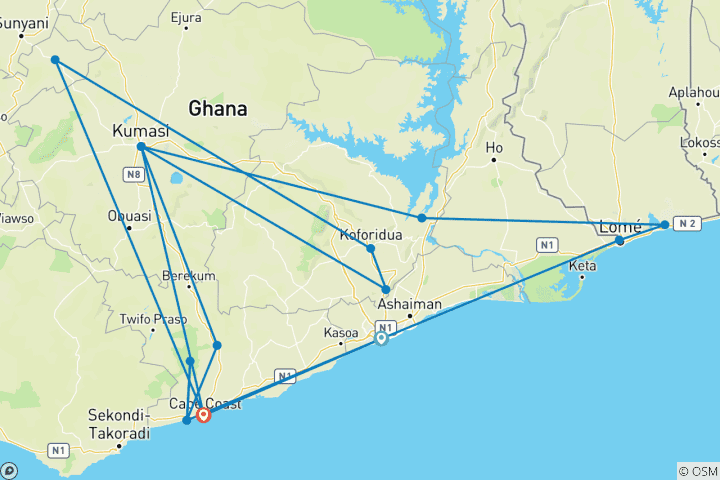 Carte du circuit Ghana, Togo et Bénin - 11 jours