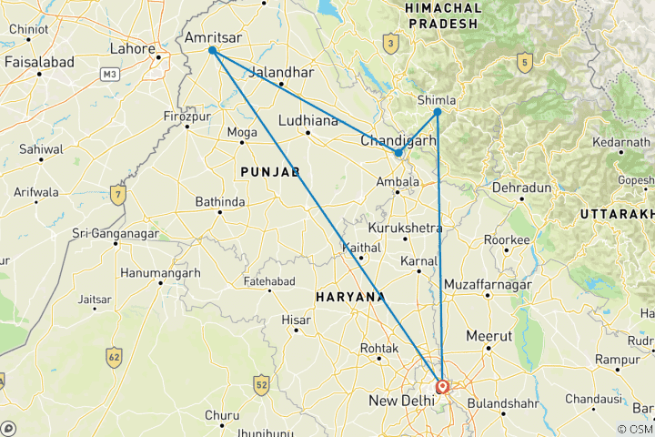 Map of Shimla & Amritsar Highlights - 7 days