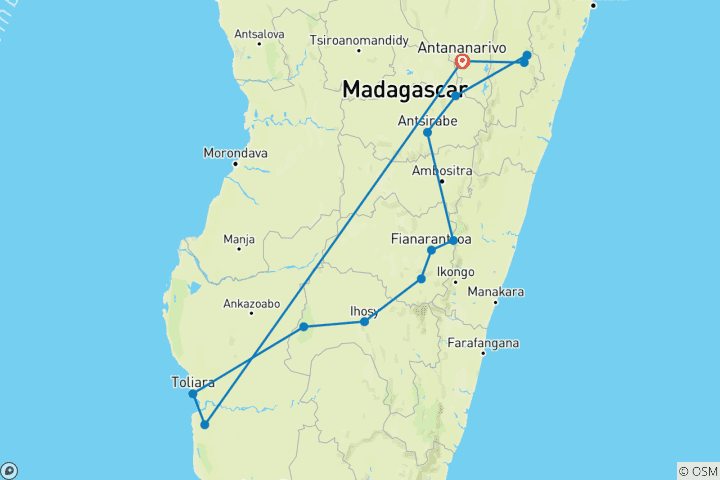Kaart van Hoogtepunten van Madagaskar - 12 dagen