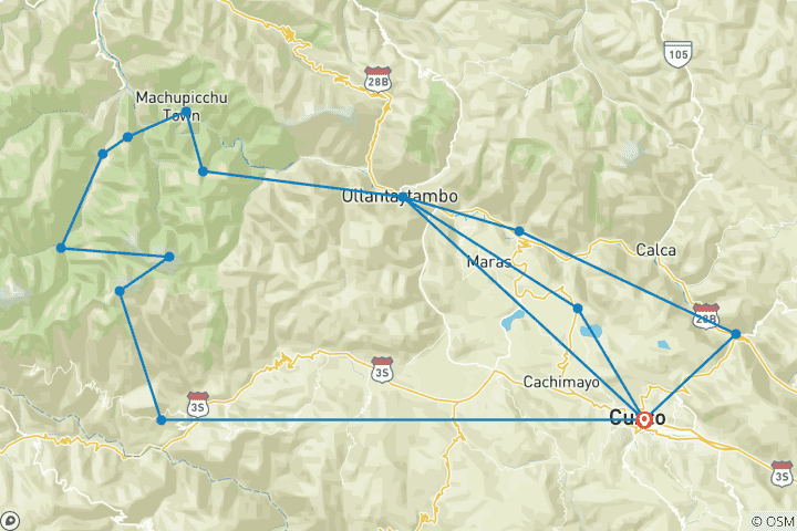Kaart van De keizerlijke Salkantay trektocht naar Machu Picchu 8 dagen