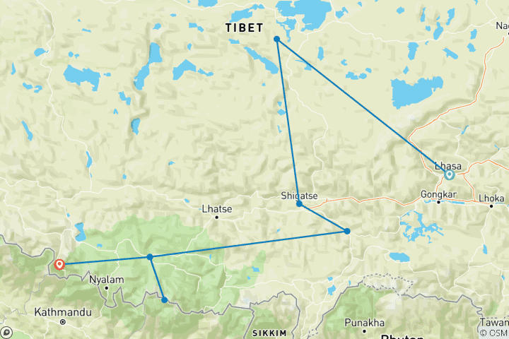Map of 7 Days Tibet Lhasa to Kathmandu Overland Group Tour