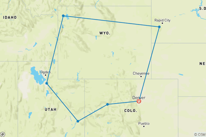 Carte du circuit Circuit de 8 jours dans l'Ouest des États-Unis au départ de Denver - Train panoramique Canyon Spirit inclus