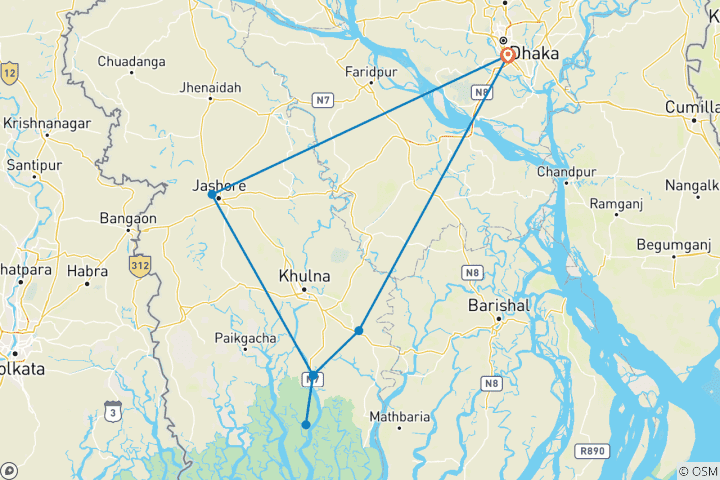 Kaart van 6-daagse Bangladesh safari tour op maat met Sundarbans, dagelijkse start & privégids