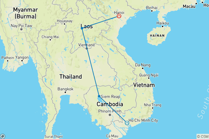 Map of GRAND TOUR 3 COUNTRIES : VIETNAM - CAMBODIA - LAOS (upstream)