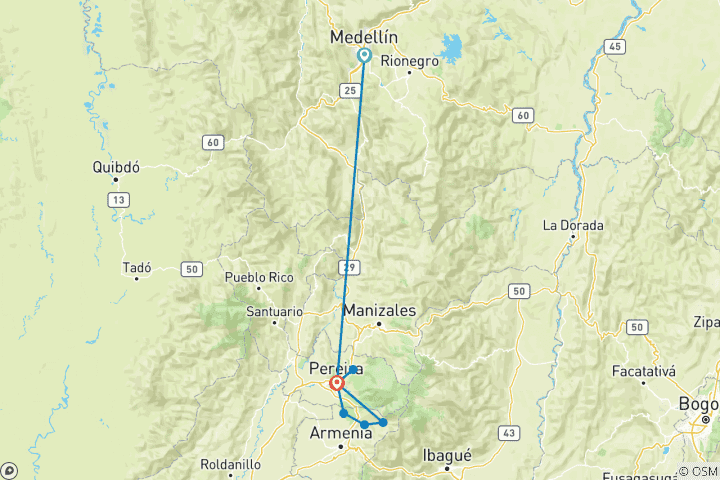 Carte du circuit Circuit privé de 6 jours à Medellin et dans la région du café de Pereira