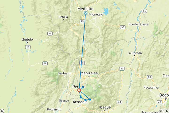 Map of 6-Day Medellin & Pereira Coffee Region Experience, Private Tour