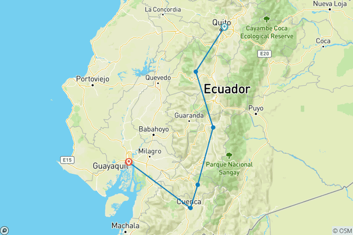 Map of 5 days in Quito and the Volcano Route: Quilotoa, Ingapirca, Cuenca, Guayaquil